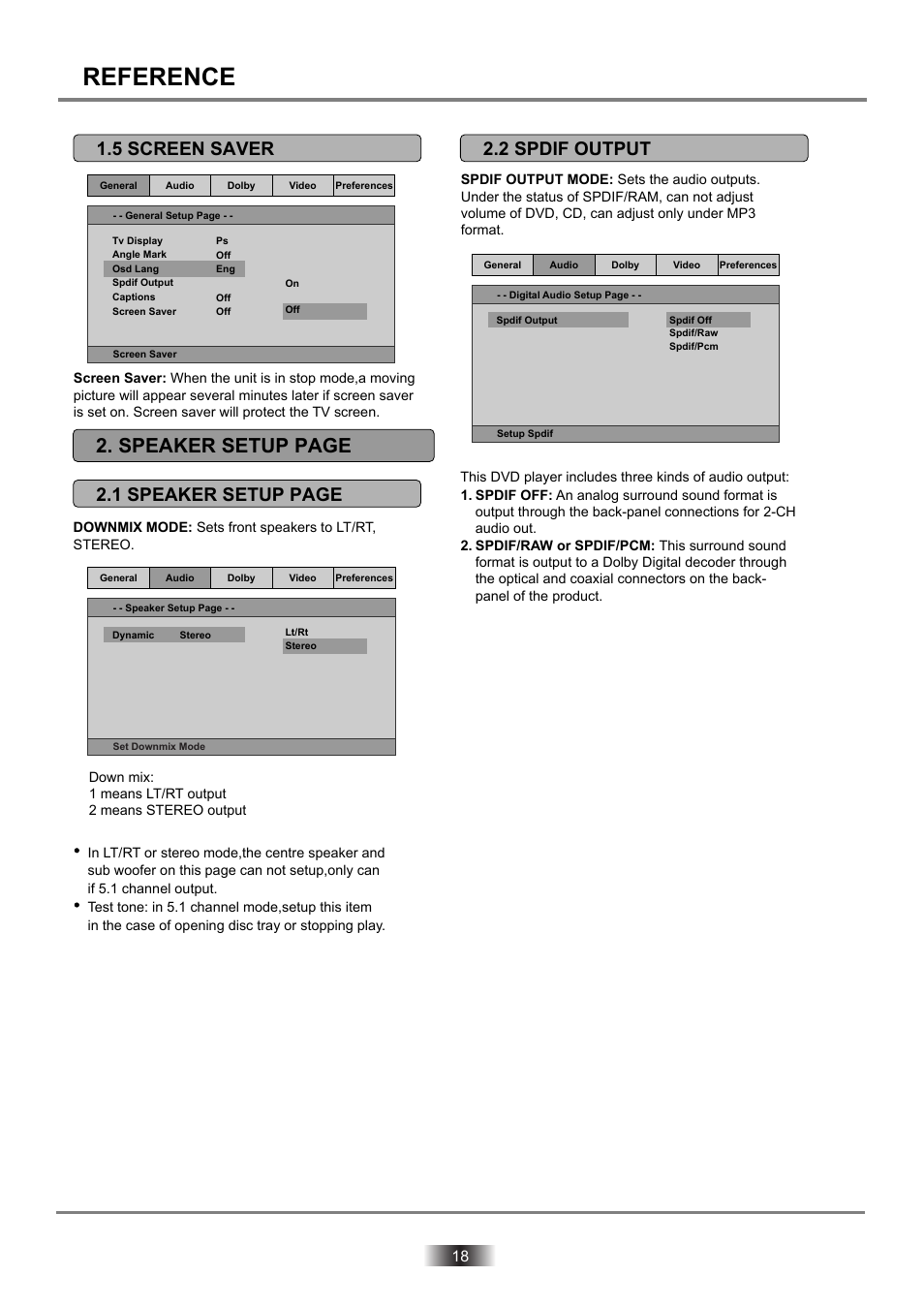 Dvd2060dx-18 copy, Reference, Speaker setup page | 2 spdif output 2.1 speaker setup page, 5 screen saver | Palsonic DVD2060DX User Manual | Page 19 / 25