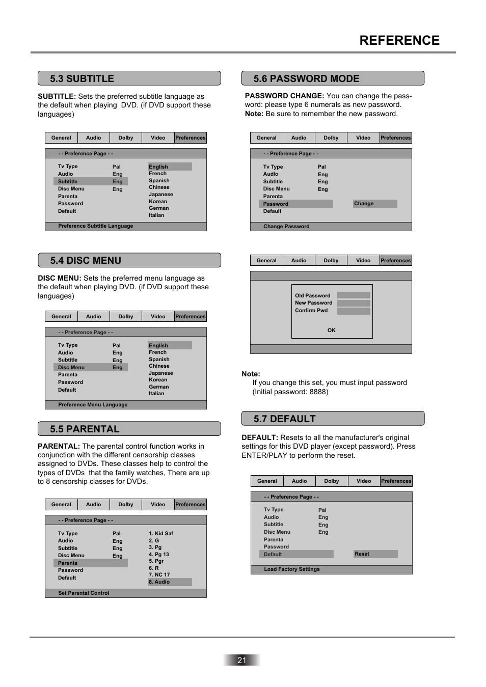 Dvd2060dx-21 copy, Reference, 5 parental | Palsonic DVD2060DX User Manual | Page 22 / 25