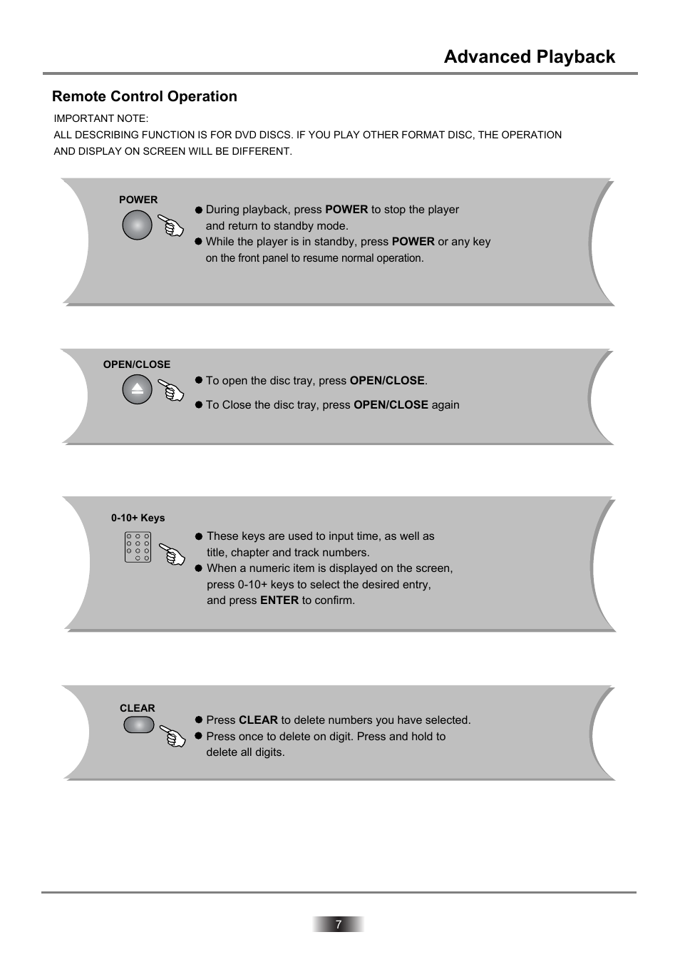 Dvd2060dx-7 copy, Advanced playback, Remote control operation | Palsonic DVD2060DX User Manual | Page 8 / 25