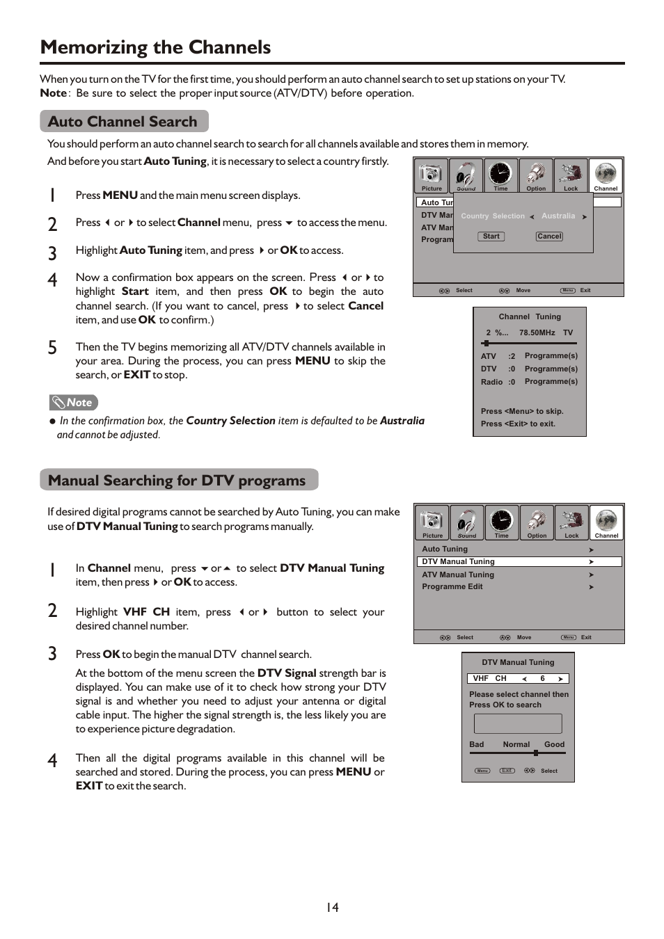 页面 16, Auto channel search, Manual searching for dtv programs | Palsonic TFTV490PWHD User Manual | Page 16 / 35