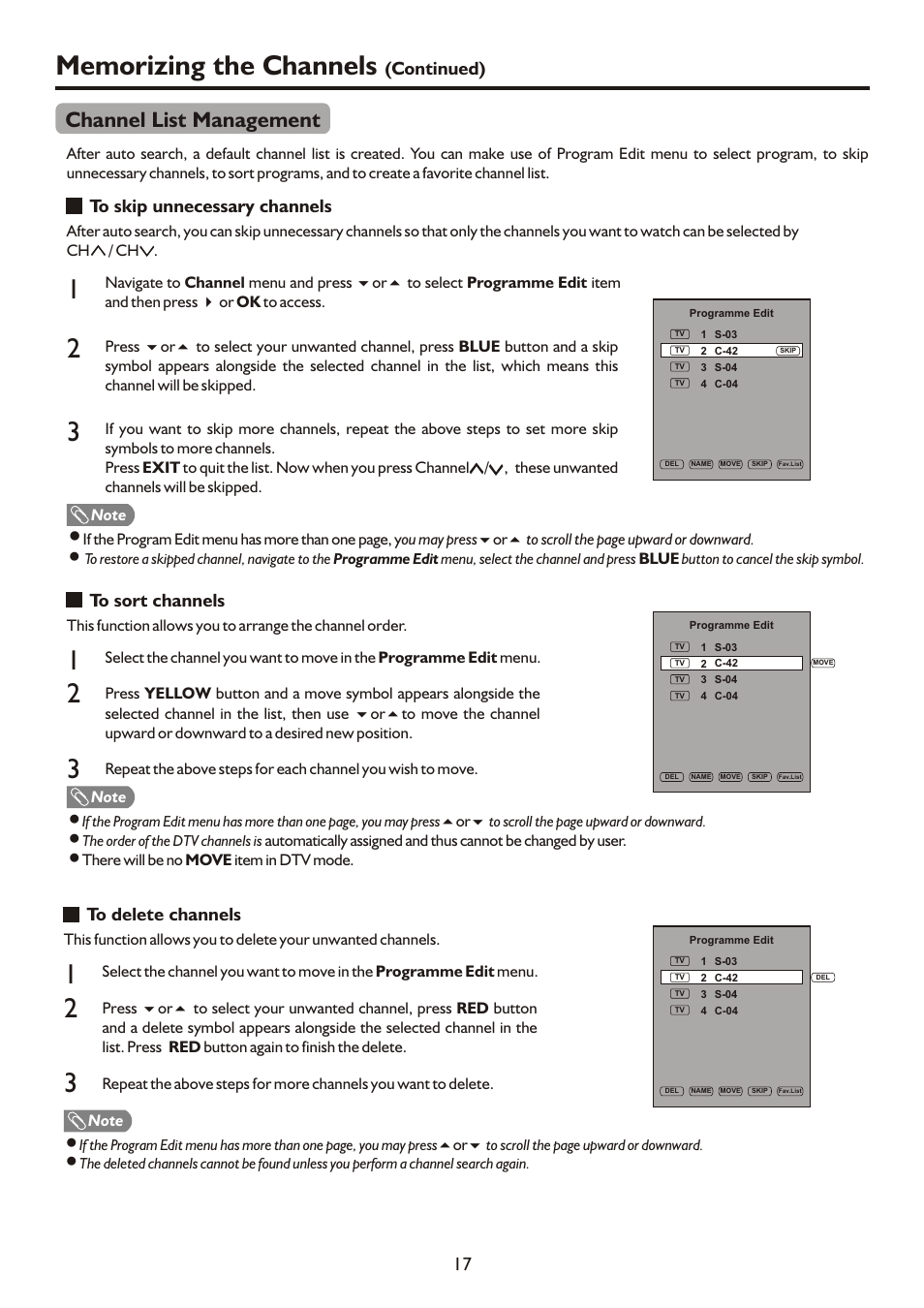 页面 19, Channel list management, Continued) 17 | Palsonic TFTV490PWHD User Manual | Page 19 / 35