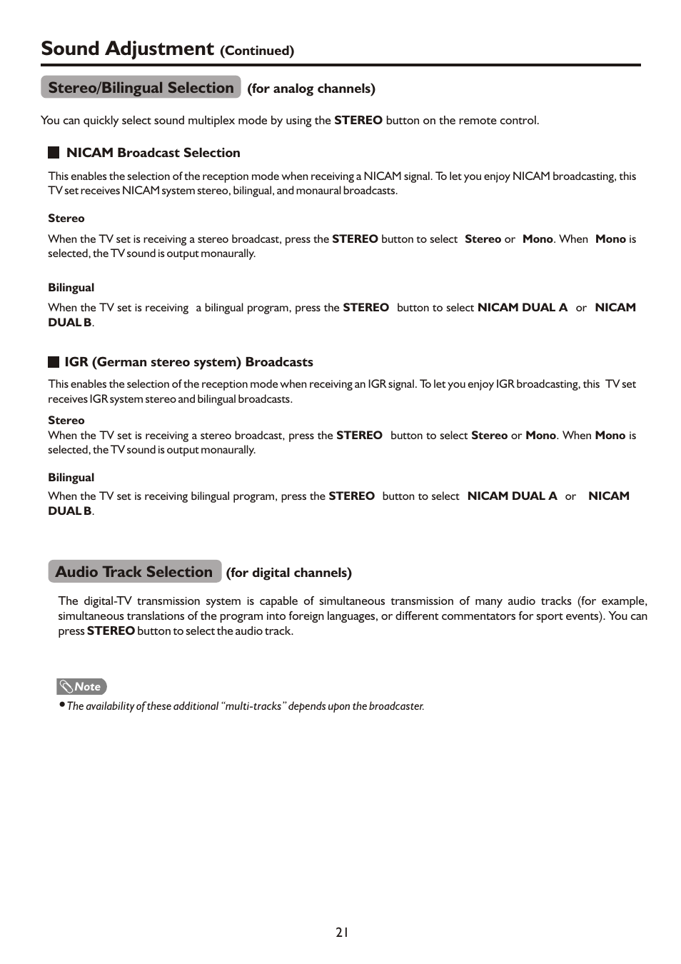 页面 23, Sound adjustment, Stereo/bilingual selection | Audio track selection | Palsonic TFTV490PWHD User Manual | Page 23 / 35