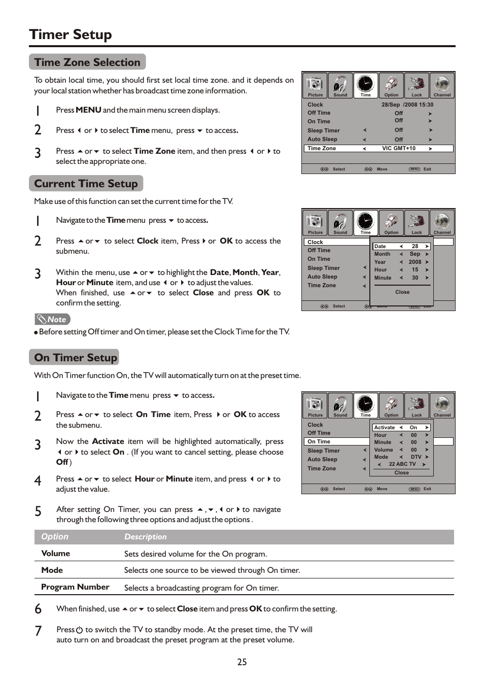 页面 27, Timer setup, Time zone selection | Current time setup, On timer setup | Palsonic TFTV490PWHD User Manual | Page 27 / 35
