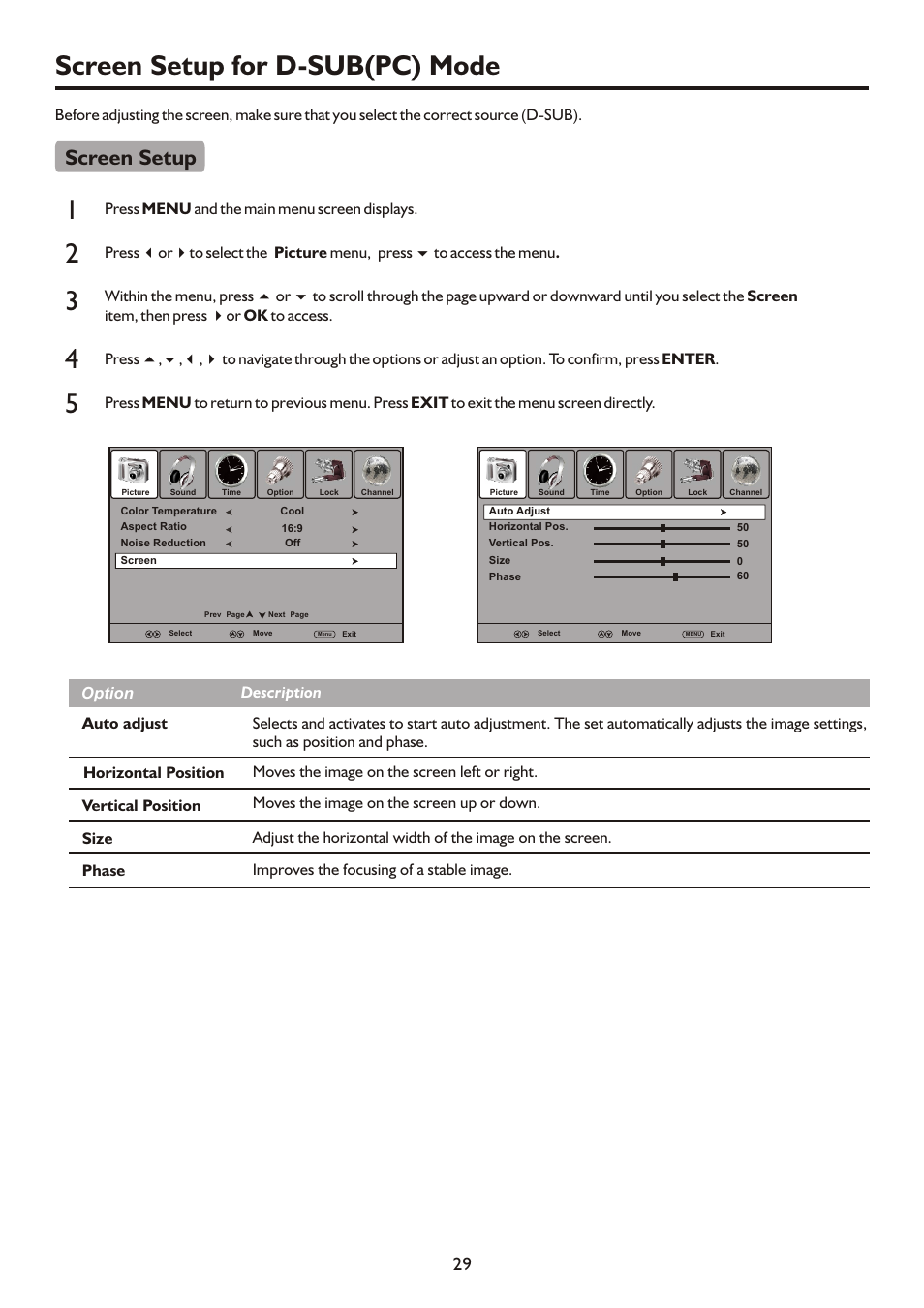 页面 31, Screen setup for d-sub(pc) mode, Screen setup | Palsonic TFTV490PWHD User Manual | Page 31 / 35