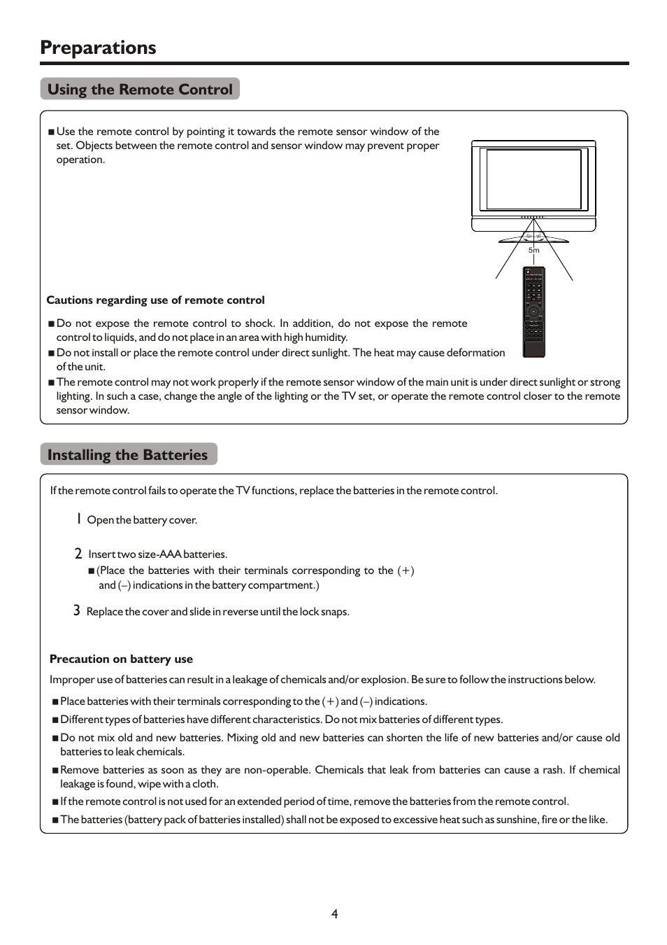 页面 6, Preparations, Using the remote control | Installing the batteries | Palsonic TFTV490PWHD User Manual | Page 6 / 35