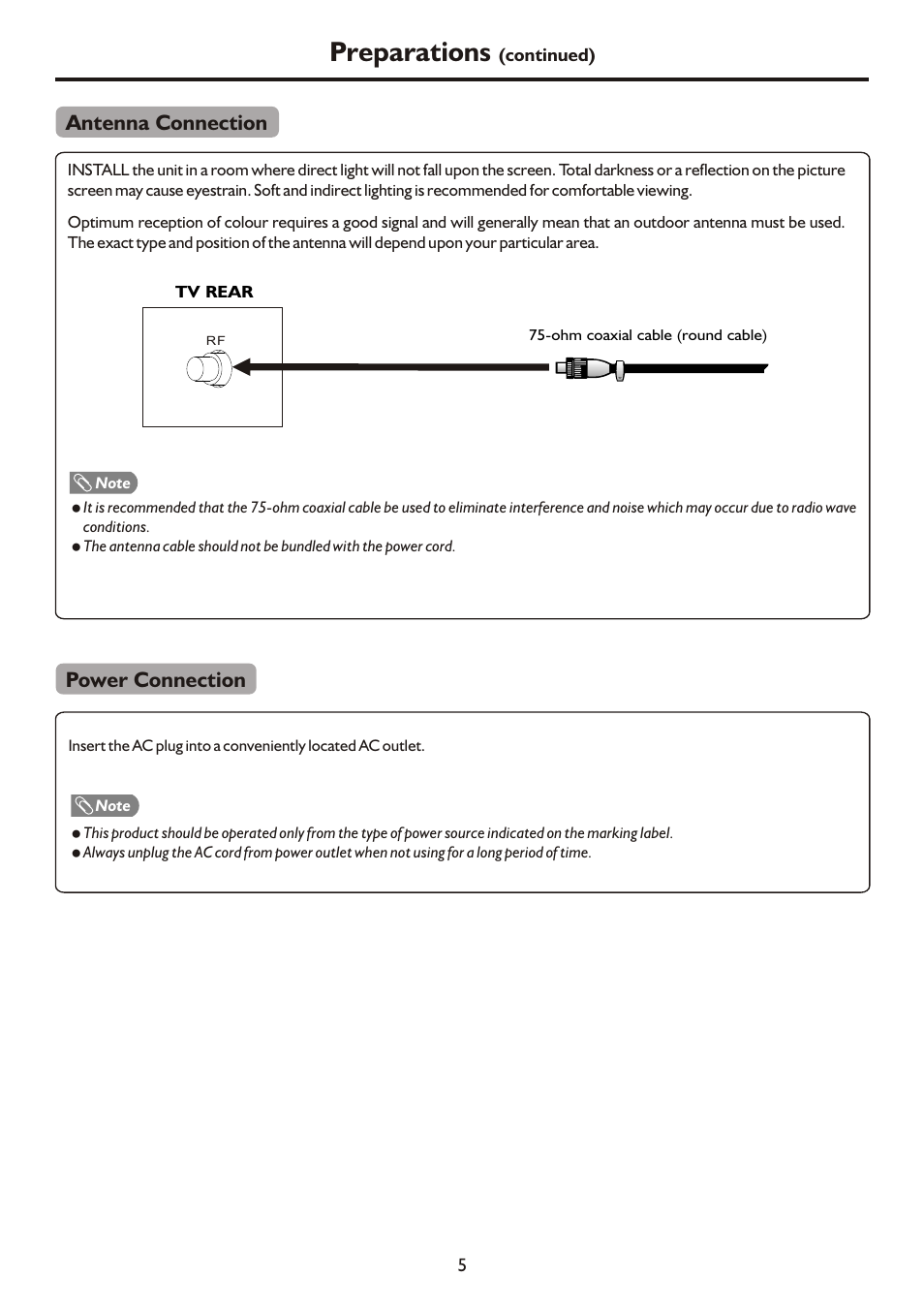 页面 7, Preparations, Antenna connection | Power connection | Palsonic TFTV490PWHD User Manual | Page 7 / 35