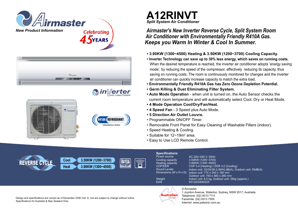 Palsonic A12RINVT User Manual | 1 page