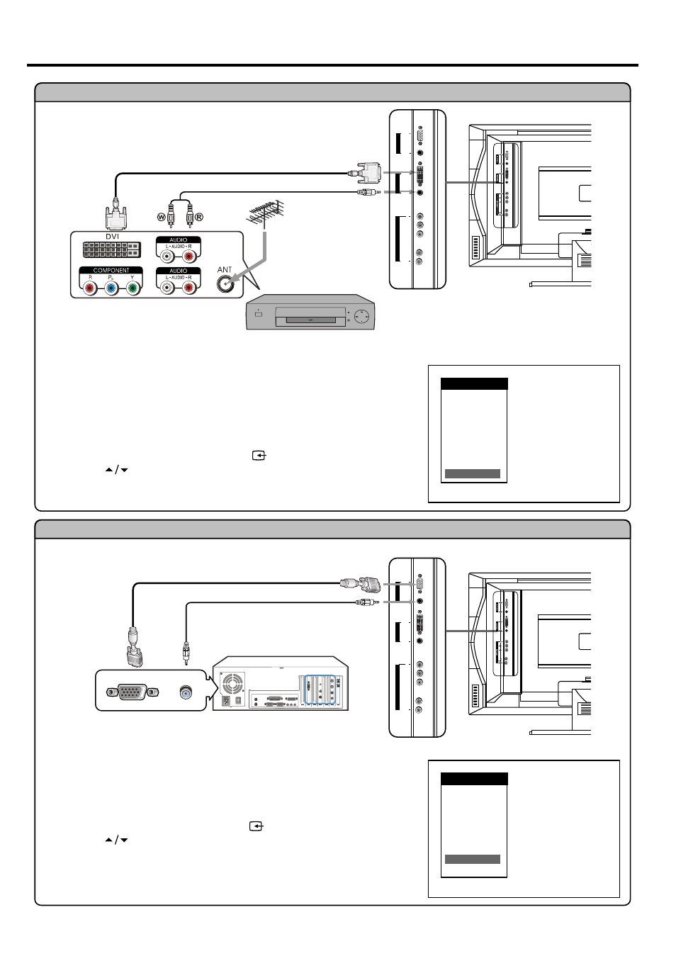 Connections, Continued), Connect a pc | How to connect, Connect a dtv receiver, Dtv receiver rear of the dtv receiver, Dvi cable audio cable, D-sub cable audio cable | Palsonic TFTV680 User Manual | Page 15 / 35