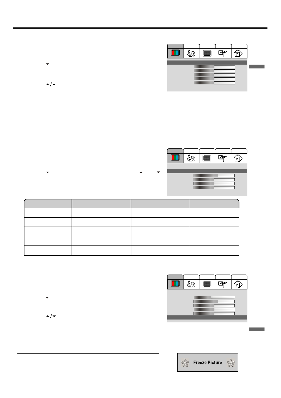 Setting picture, Using the preset picture mode, Customising the picture | Reducing picture noise, Freezing picture | Palsonic TFTV680 User Manual | Page 22 / 35