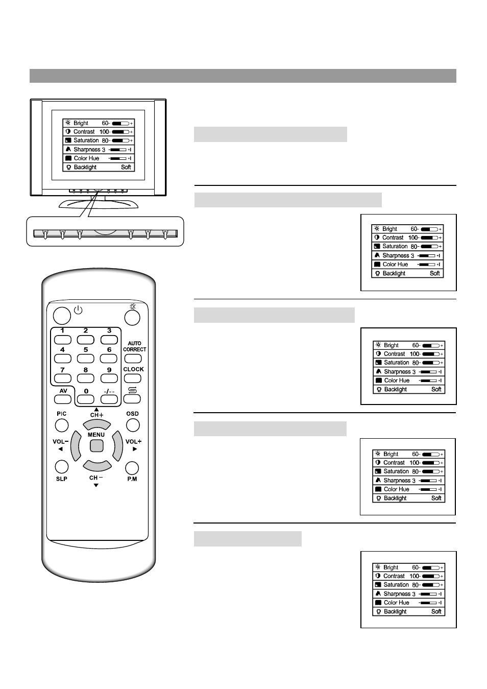 Adjustments in pc mode, Continued), Adjusting bright and contrast | Adjusting colour temperature, Adjusting backlight | Palsonic TFTV380 User Manual | Page 23 / 26