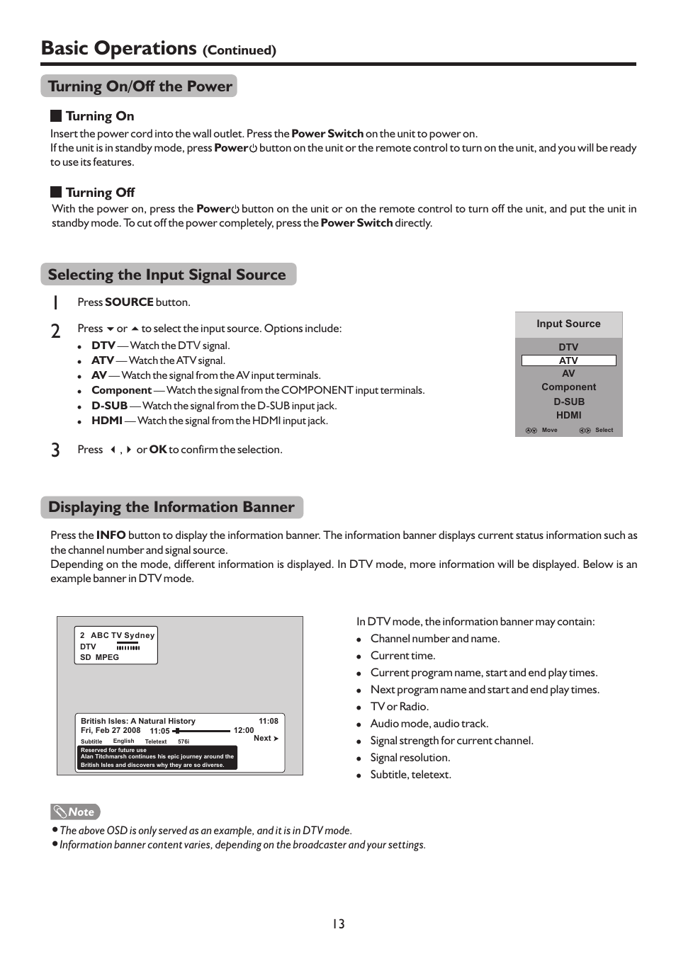 页 16, Basic operations, Displaying the information banner | Selecting the input signal source, Turning on/off the power | Palsonic TFTV552LED User Manual | Page 16 / 36
