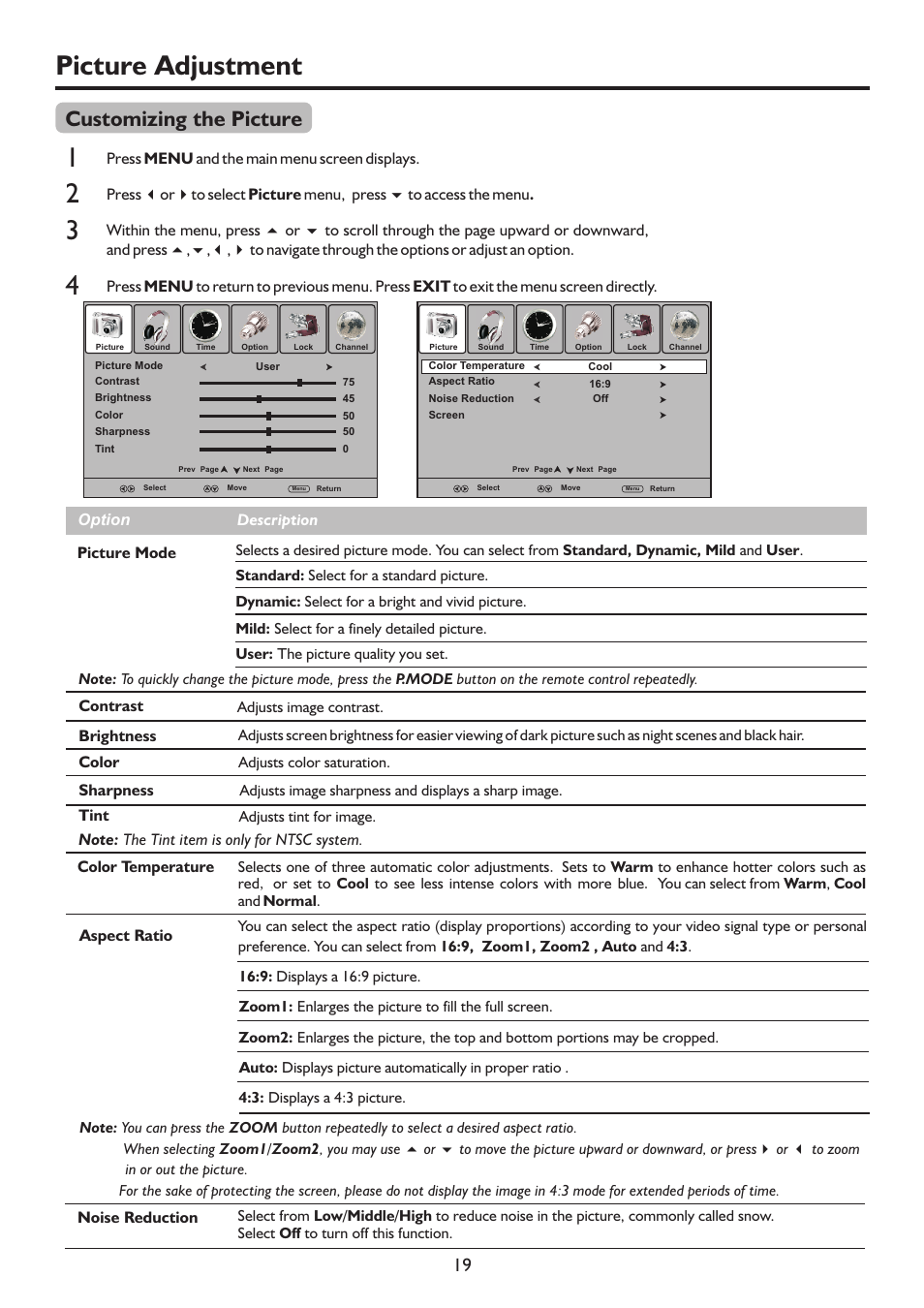 页 22, Picture adjustment, Customizing the picture | Palsonic TFTV552LED User Manual | Page 22 / 36