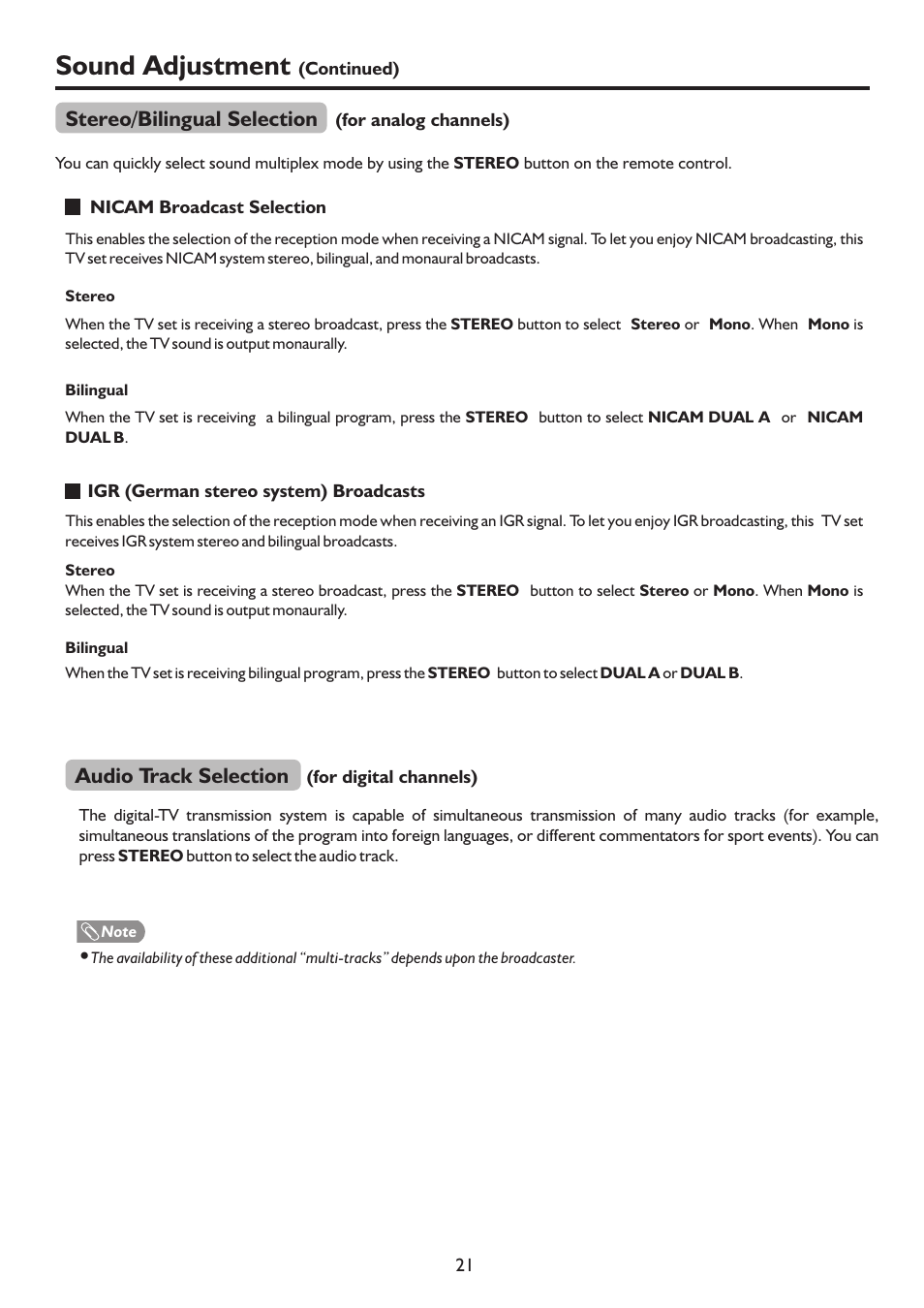 页 24, Sound adjustment, Stereo/bilingual selection | Audio track selection | Palsonic TFTV552LED User Manual | Page 24 / 36