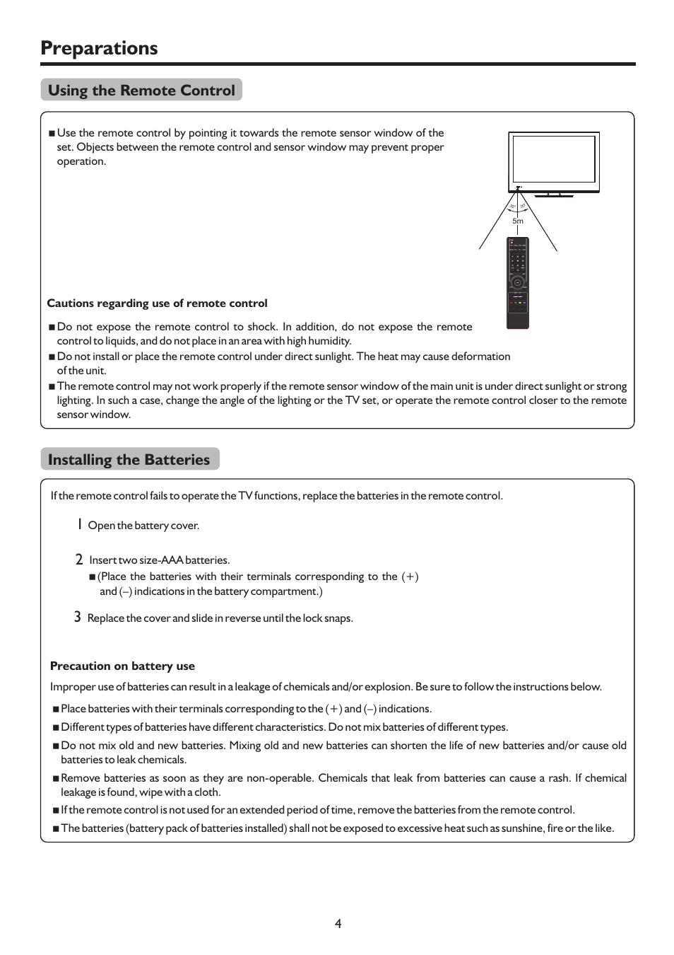 Preparations, Using the remote control, Installing the batteries | Palsonic TFTV552LED User Manual | Page 7 / 36