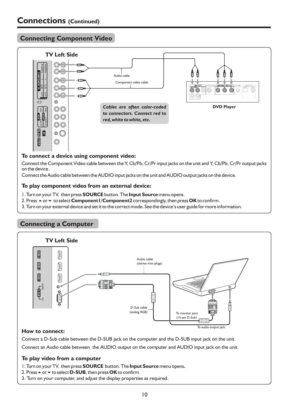 页 13, Connections, Connecting component video | Connecting a computer | Palsonic TFTV815HD User Manual | Page 13 / 37