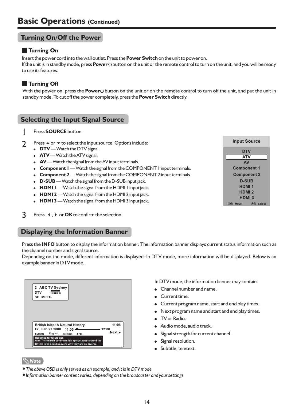 页 17, Basic operations, Displaying the information banner | Selecting the input signal source, Turning on/off the power | Palsonic TFTV815HD User Manual | Page 17 / 37