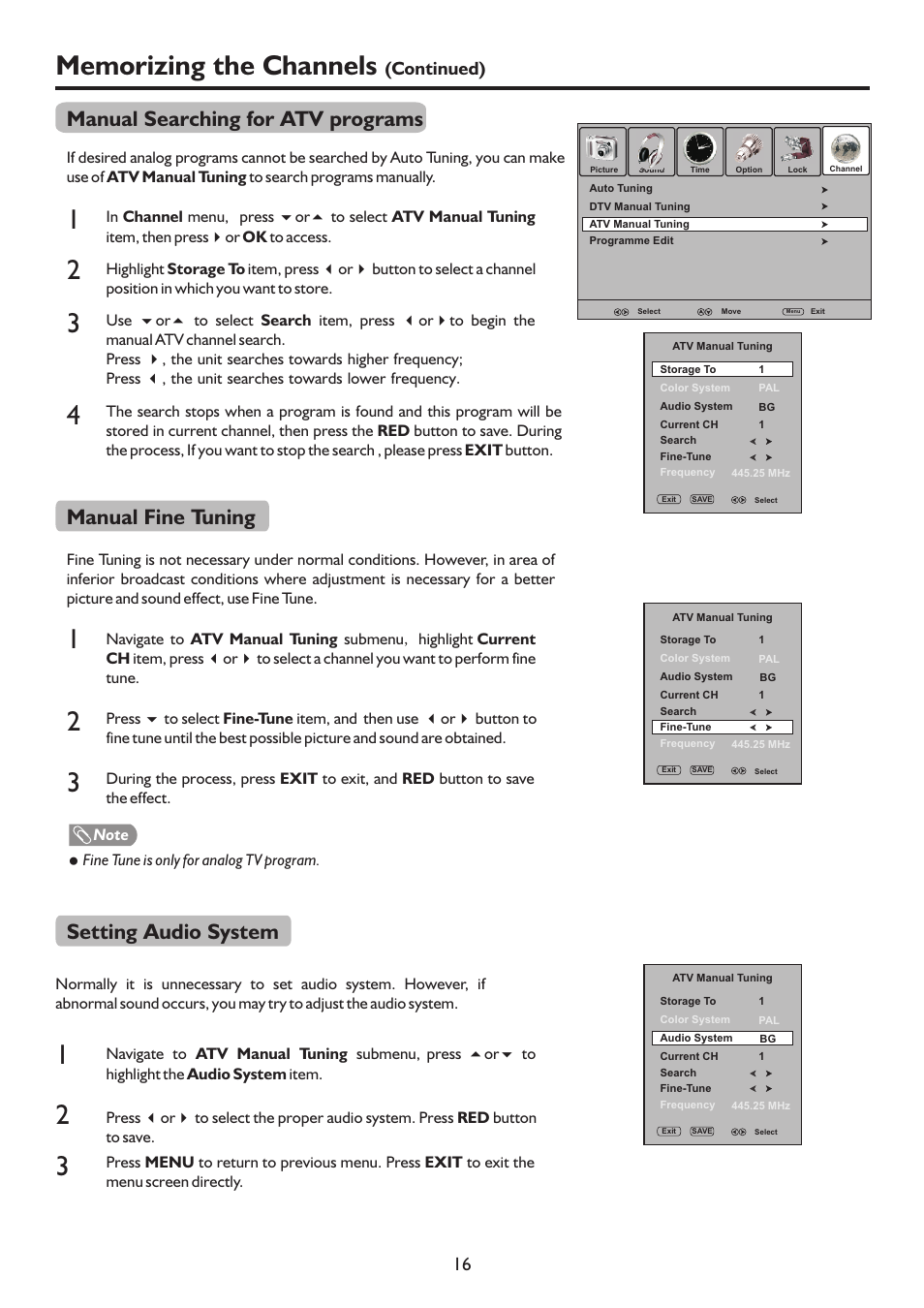 页 19, Manual searching for atv programs, Manual fine tuning | Setting audio system, Continued) 16 | Palsonic TFTV815HD User Manual | Page 19 / 37
