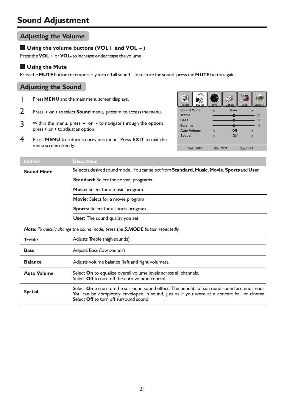 页 24, Sound adjustment, Adjusting the sound | Adjusting the volume | Palsonic TFTV815HD User Manual | Page 24 / 37