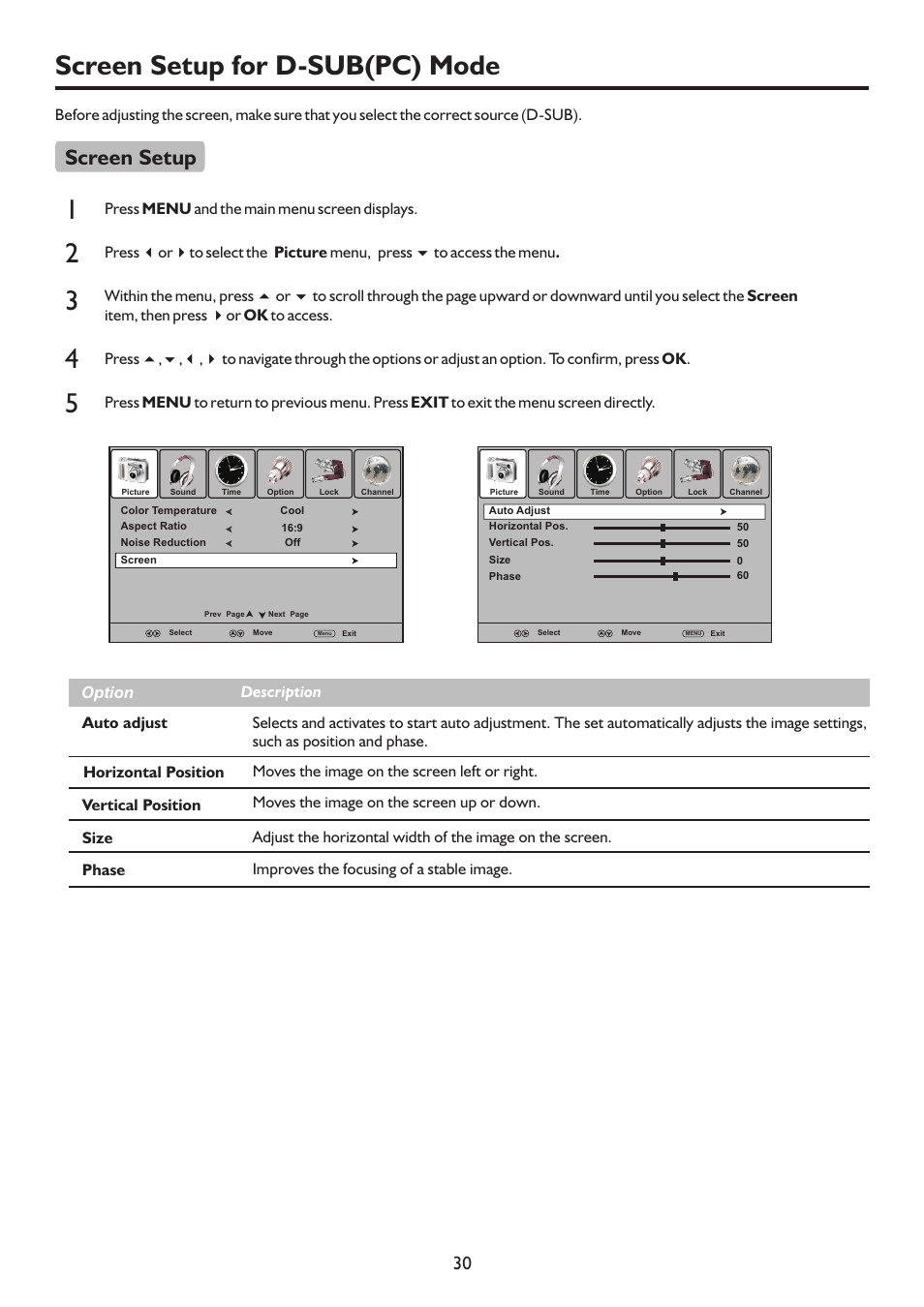 页 33, Screen setup for d-sub(pc) mode, Screen setup | Palsonic TFTV815HD User Manual | Page 33 / 37