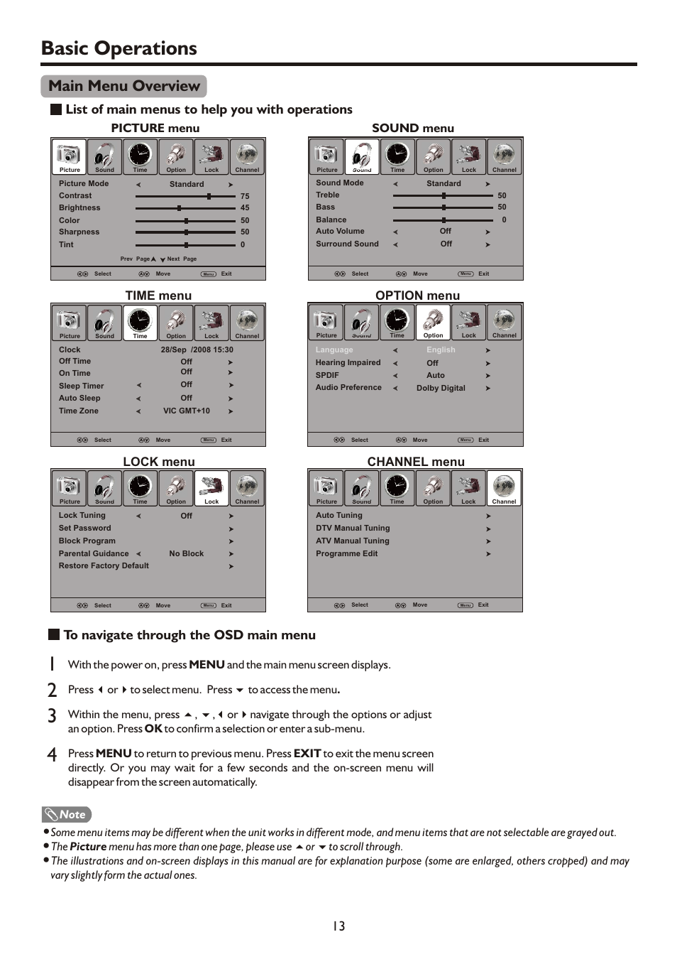 页面 15, Basic operations, Main menu overview | List of main menus to help you with operations, Picture menu sound menu time menu, Option menu lock menu channel menu | Palsonic TFTV421080HD User Manual | Page 15 / 36