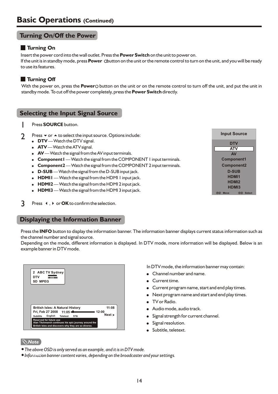页面 16, Basic operations, Displaying the information banner | Selecting the input signal source, Turning on/off the power | Palsonic TFTV421080HD User Manual | Page 16 / 36