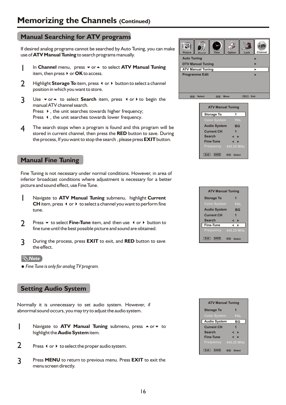 页面 18, Manual searching for atv programs, Manual fine tuning | Setting audio system, Continued) 16 | Palsonic TFTV421080HD User Manual | Page 18 / 36