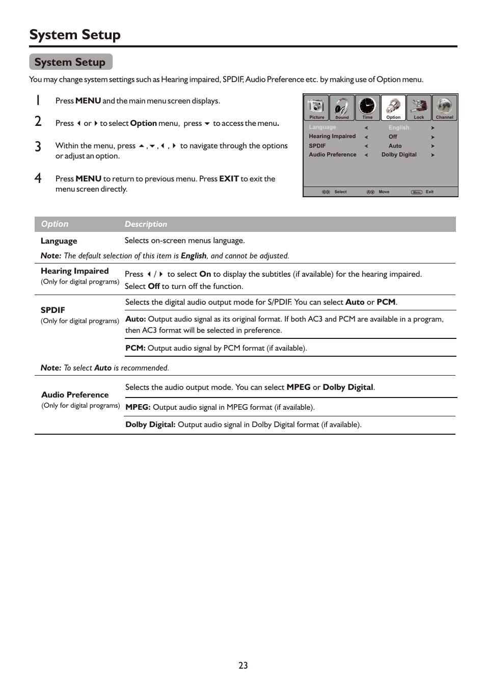 页面 25, System setup 1 3, System setup | Palsonic TFTV421080HD User Manual | Page 25 / 36