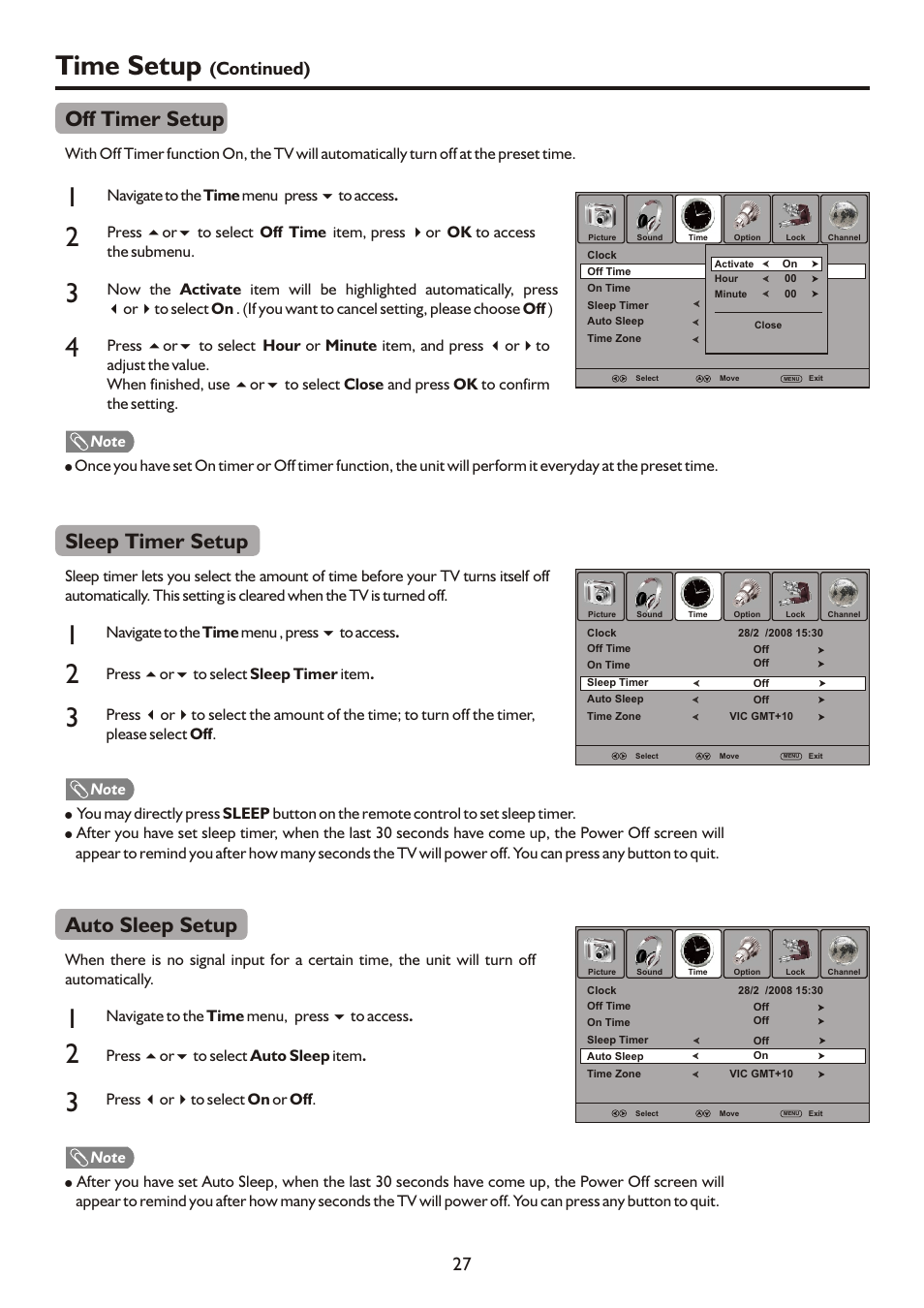 页面 29, 4time setup, Off timer setup | Sleep timer setup, Auto sleep setup, Continued) 27 | Palsonic TFTV421080HD User Manual | Page 29 / 36