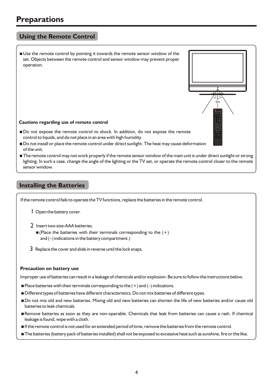 页面 6, Preparations, Using the remote control | Installing the batteries | Palsonic TFTV421080HD User Manual | Page 6 / 36