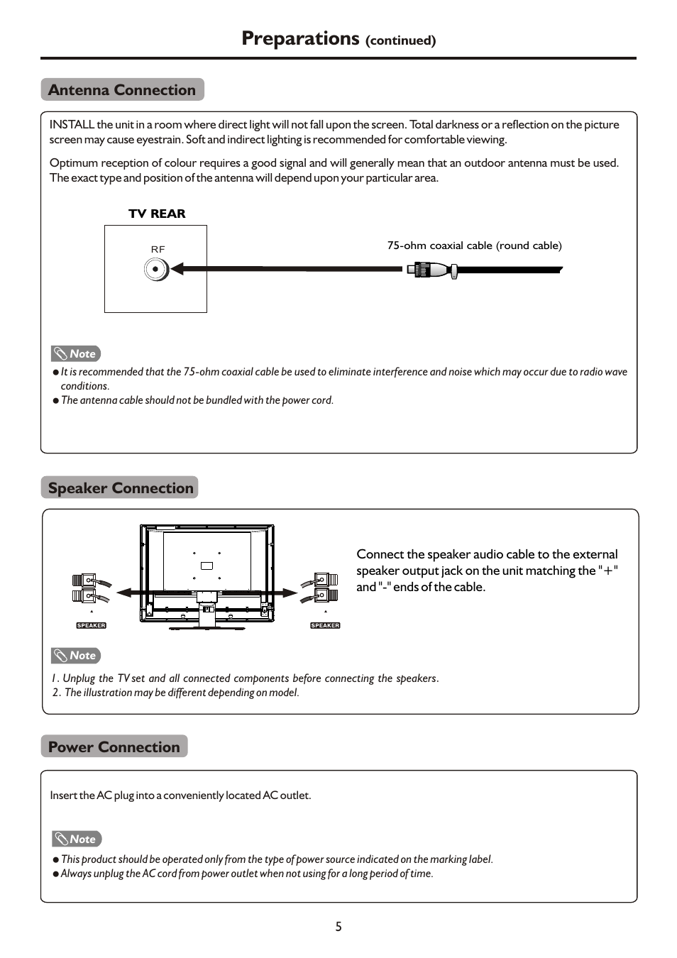 页面 7, Preparations, Antenna connection power connection | Speaker connection | Palsonic TFTV421080HD User Manual | Page 7 / 36