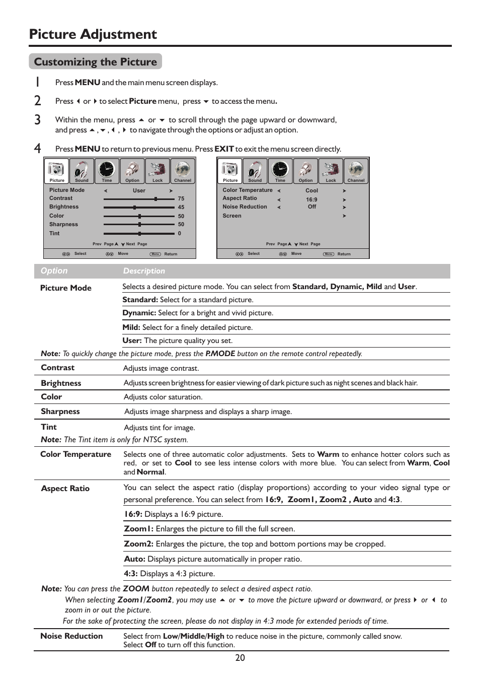 页 23, Picture adjustment, Customizing the picture | Palsonic TFTV322FHD User Manual | Page 23 / 37