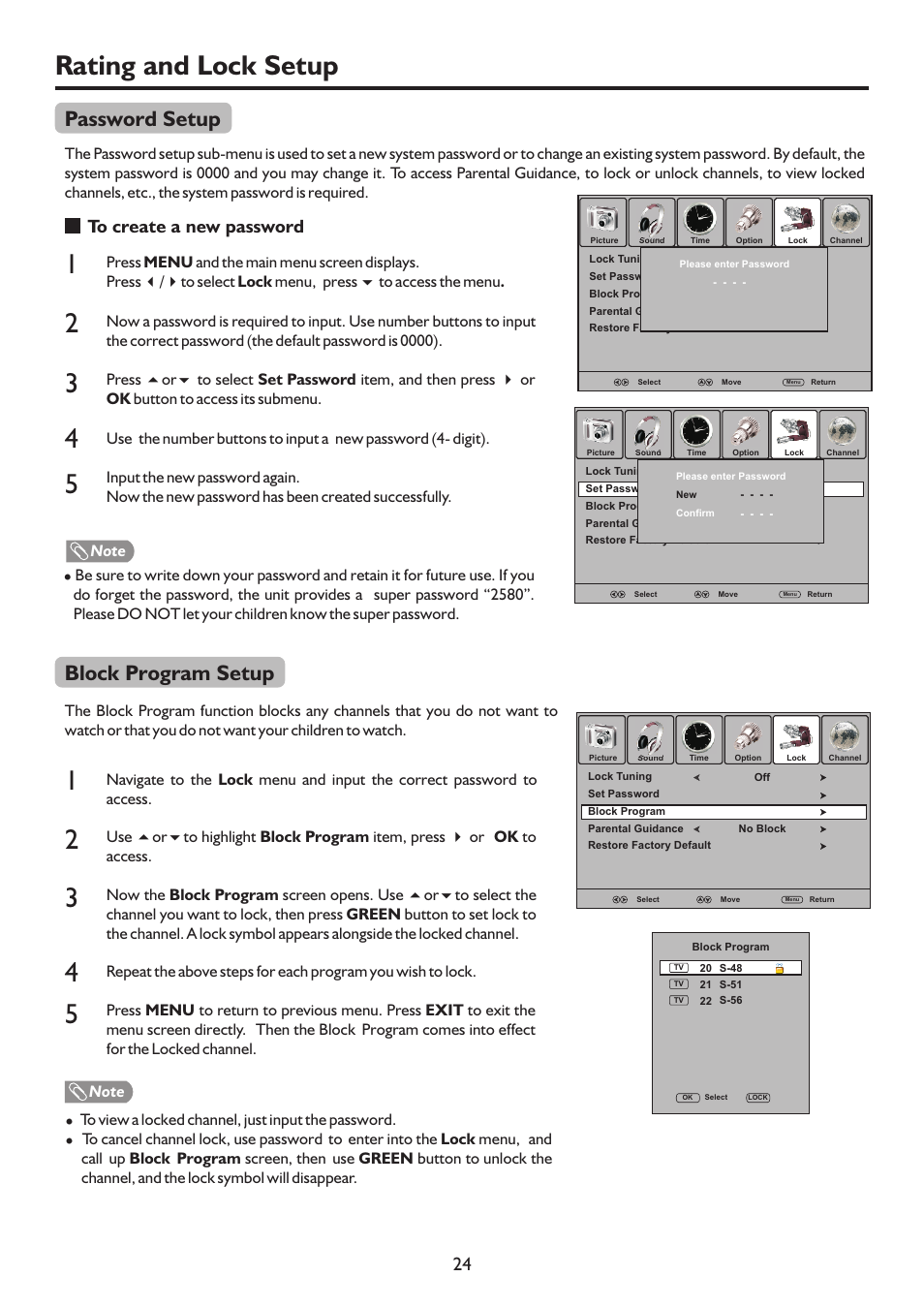 页 27, Rating and lock setup, Block program setup | Password setup | Palsonic TFTV322FHD User Manual | Page 27 / 37
