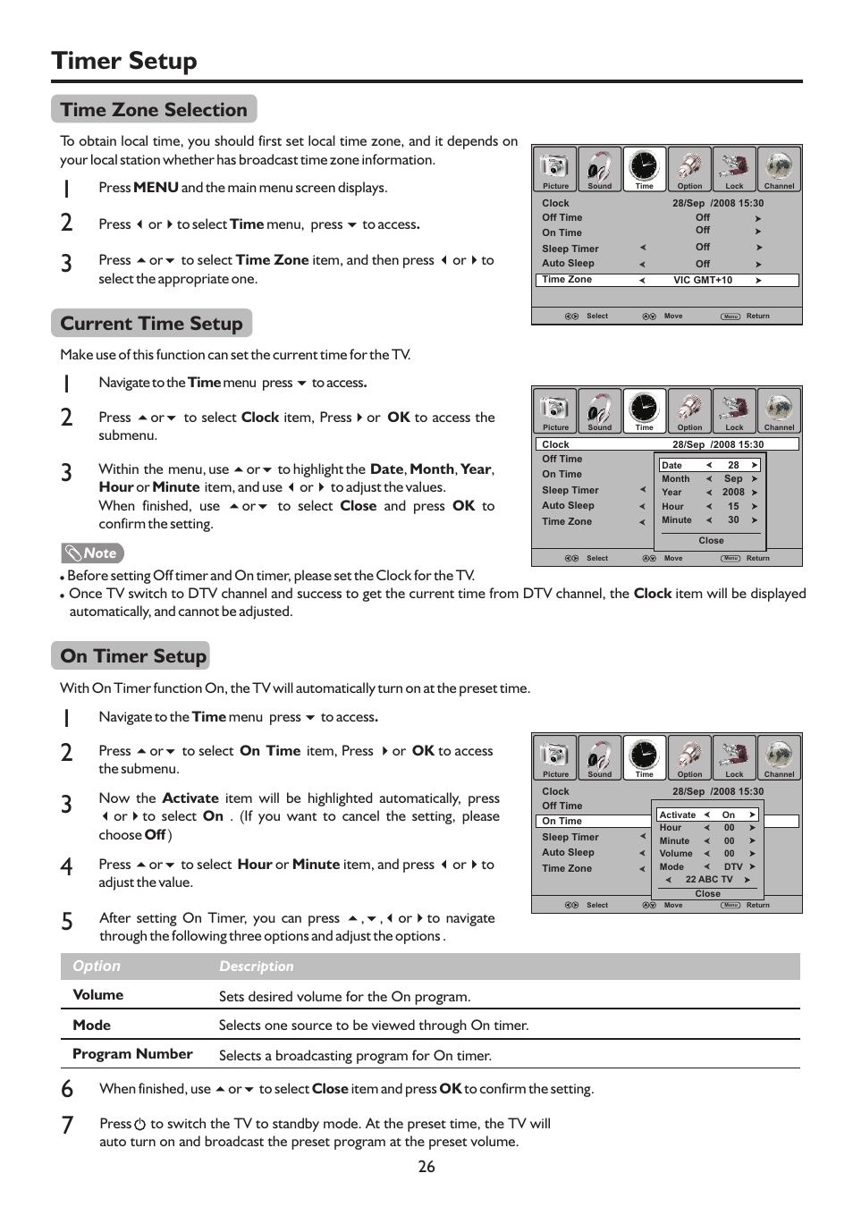 页 29, Timer setup, Time zone selection | Current time setup, On timer setup | Palsonic TFTV322FHD User Manual | Page 29 / 37