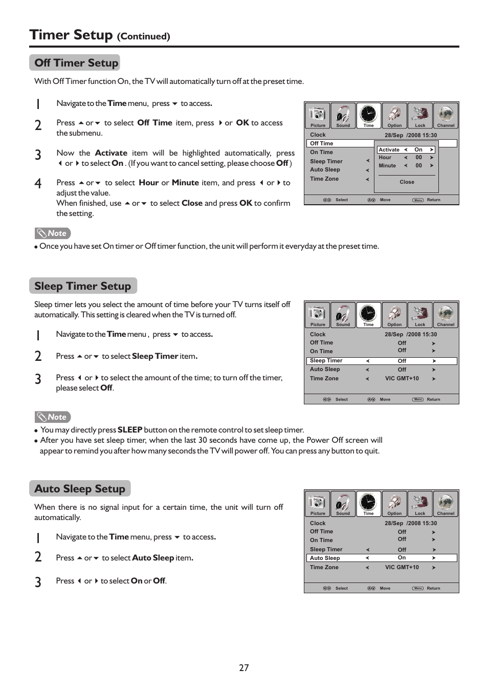 页 30, 4timer setup, Off timer setup | Sleep timer setup, Auto sleep setup, Continued) 27 | Palsonic TFTV322FHD User Manual | Page 30 / 37