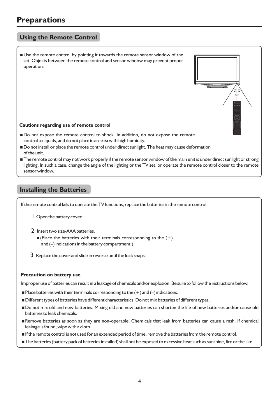 Preparations, Using the remote control, 3installing the batteries | Palsonic TFTV322FHD User Manual | Page 7 / 37