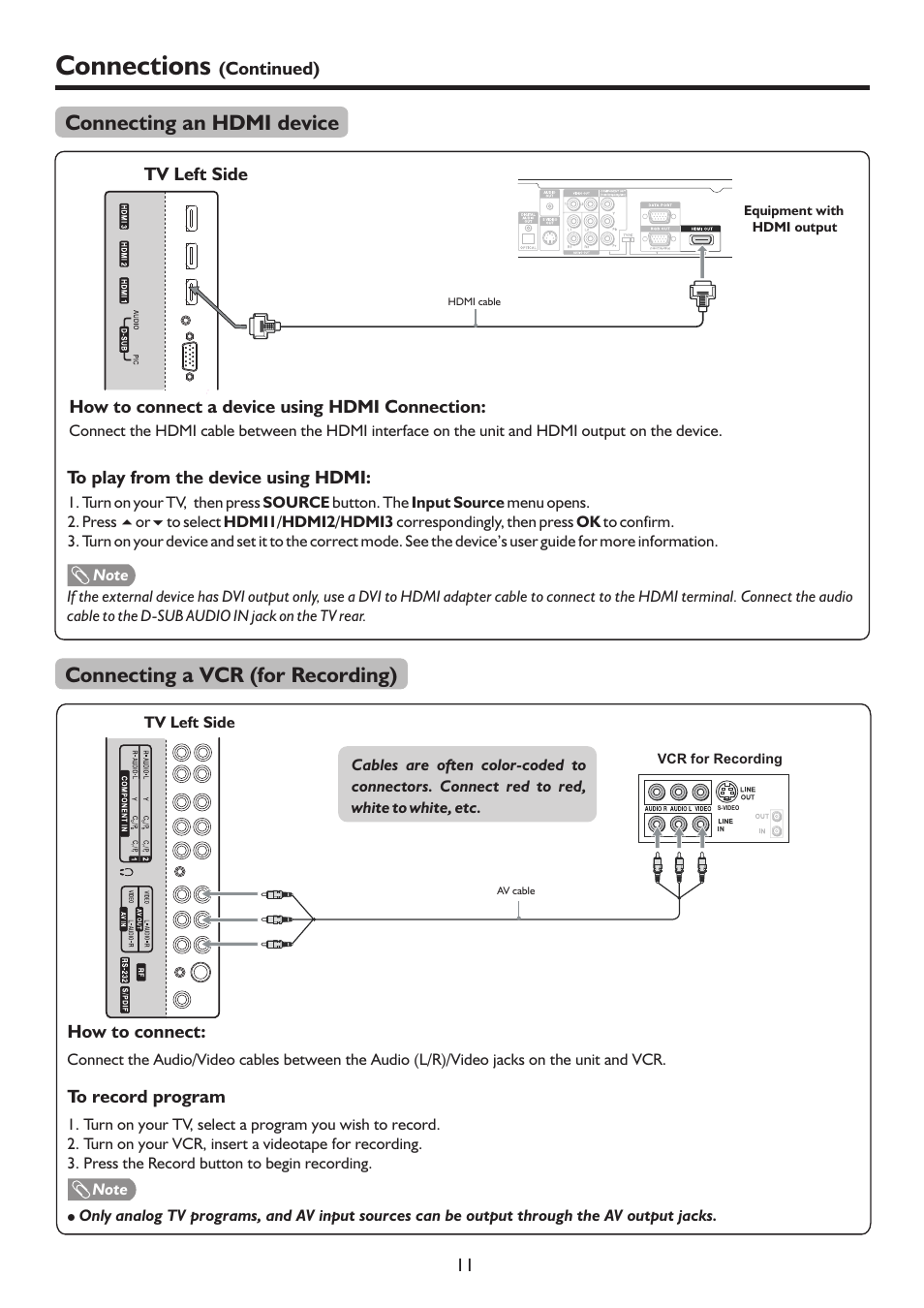页 13, Connections, Connecting an hdmi device | Connecting a vcr (for recording) | Palsonic TFTV817HD User Manual | Page 13 / 36