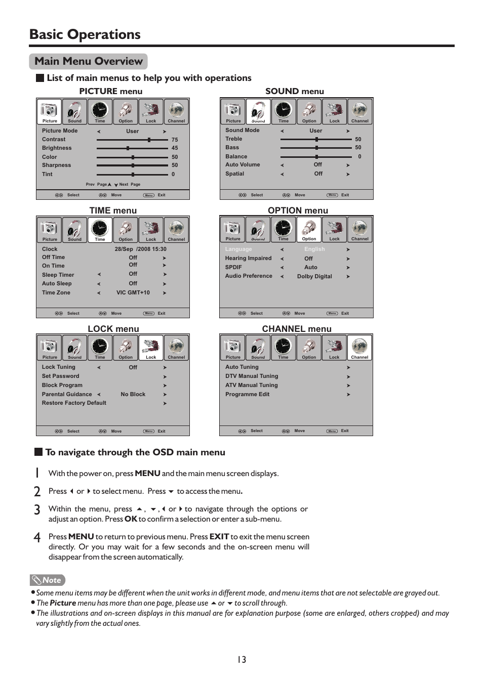 页 15, Basic operations, Main menu overview | List of main menus to help you with operations, Picture menu sound menu time menu, Option menu lock menu channel menu | Palsonic TFTV817HD User Manual | Page 15 / 36