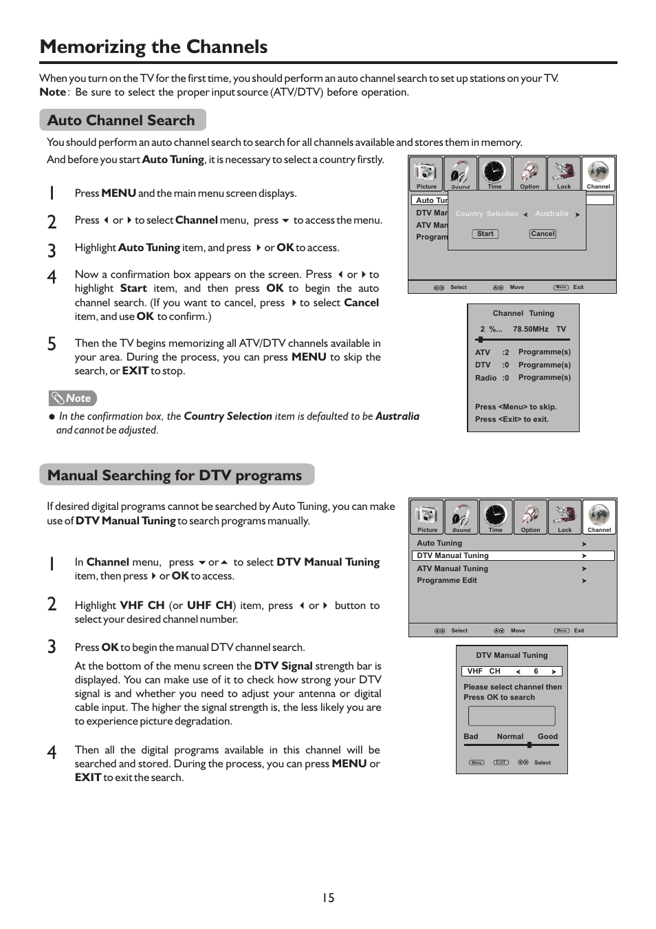 页 17, Auto channel search, Manual searching for dtv programs | Palsonic TFTV817HD User Manual | Page 17 / 36