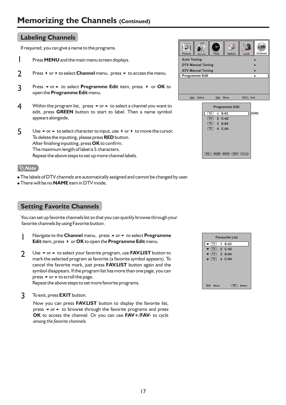 页 19, Labeling channels, Setting favorite channels | Continued) | Palsonic TFTV817HD User Manual | Page 19 / 36