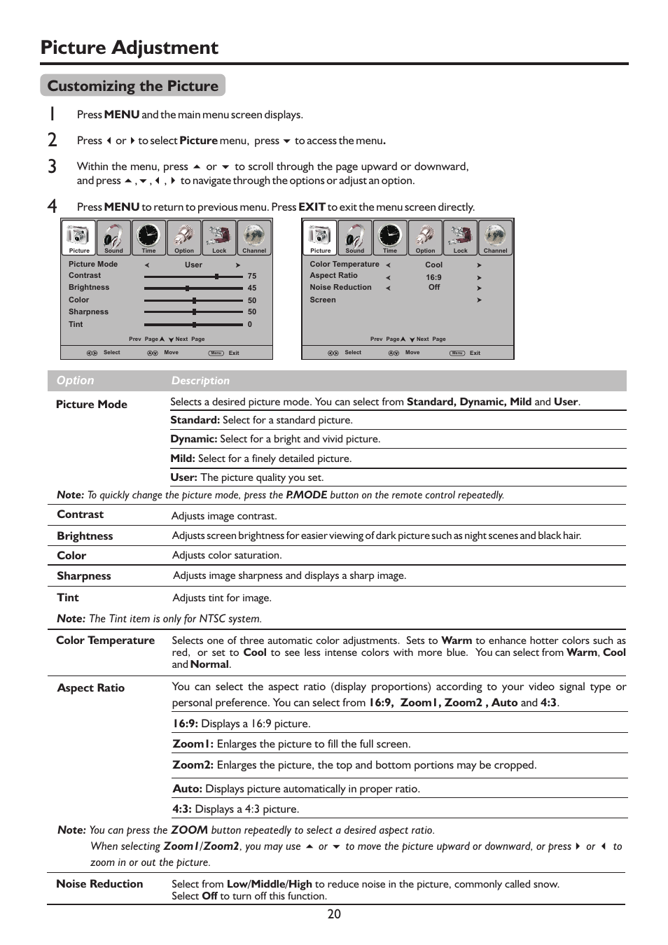页 22, Picture adjustment, Customizing the picture | Palsonic TFTV817HD User Manual | Page 22 / 36