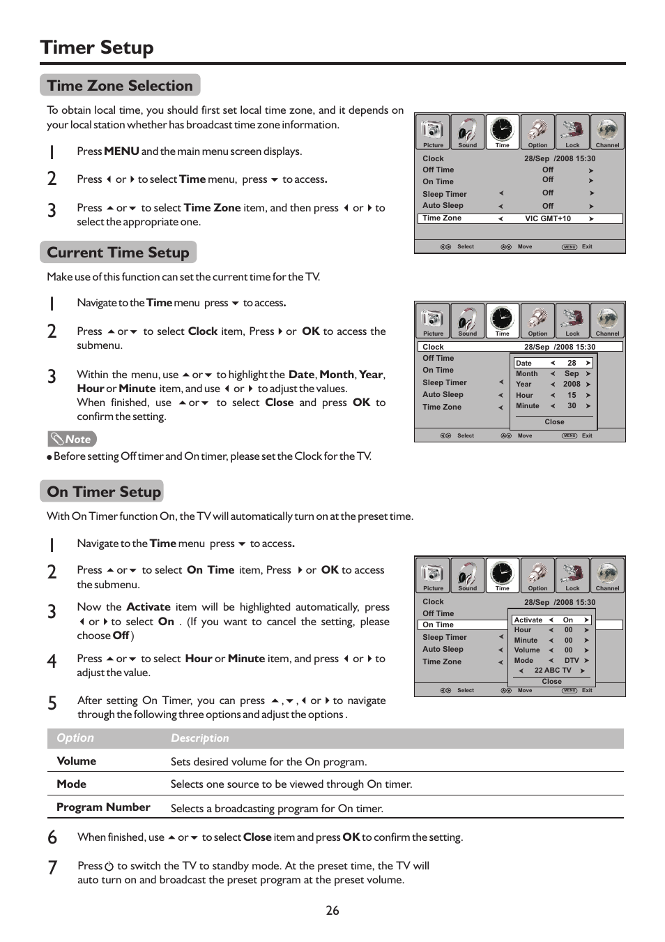 页 28, Timer setup, Time zone selection | Current time setup, On timer setup | Palsonic TFTV817HD User Manual | Page 28 / 36