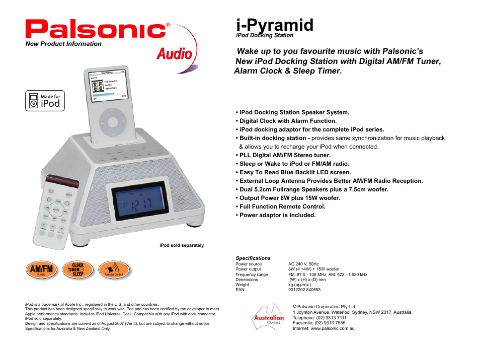 Palsonic i-Pyramid Docking Station User Manual | 1 page