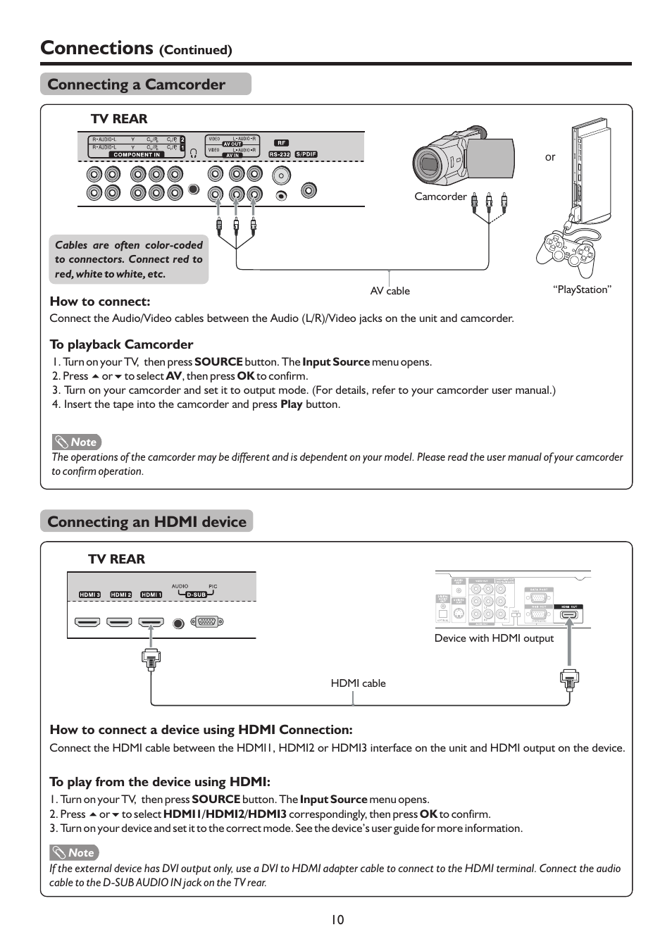 页 13, Connections, Connecting a camcorder | Connecting an hdmi device | Palsonic TFTV4200FHD User Manual | Page 13 / 37