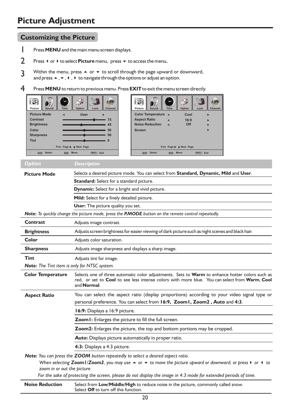 页 23, Picture adjustment, Customizing the picture | Palsonic TFTV4200FHD User Manual | Page 23 / 37