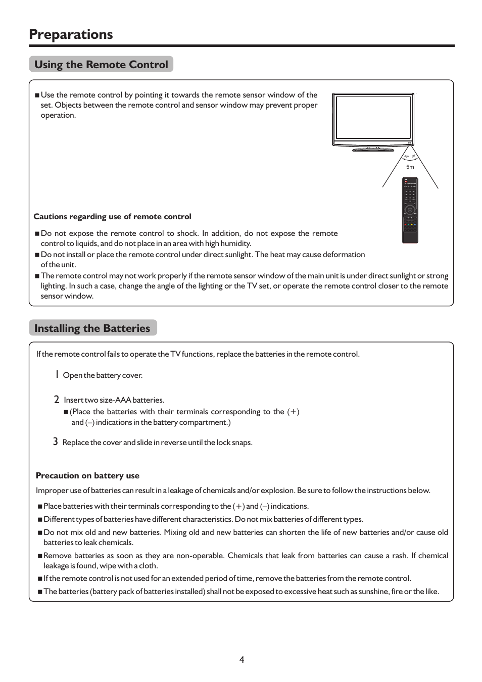 Preparations, Using the remote control installing the batteries | Palsonic TFTV4200FHD User Manual | Page 7 / 37