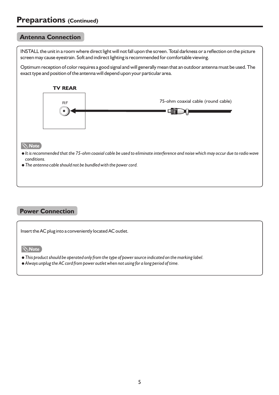 Preparations, Antenna connection power connection | Palsonic TFTV4200FHD User Manual | Page 8 / 37