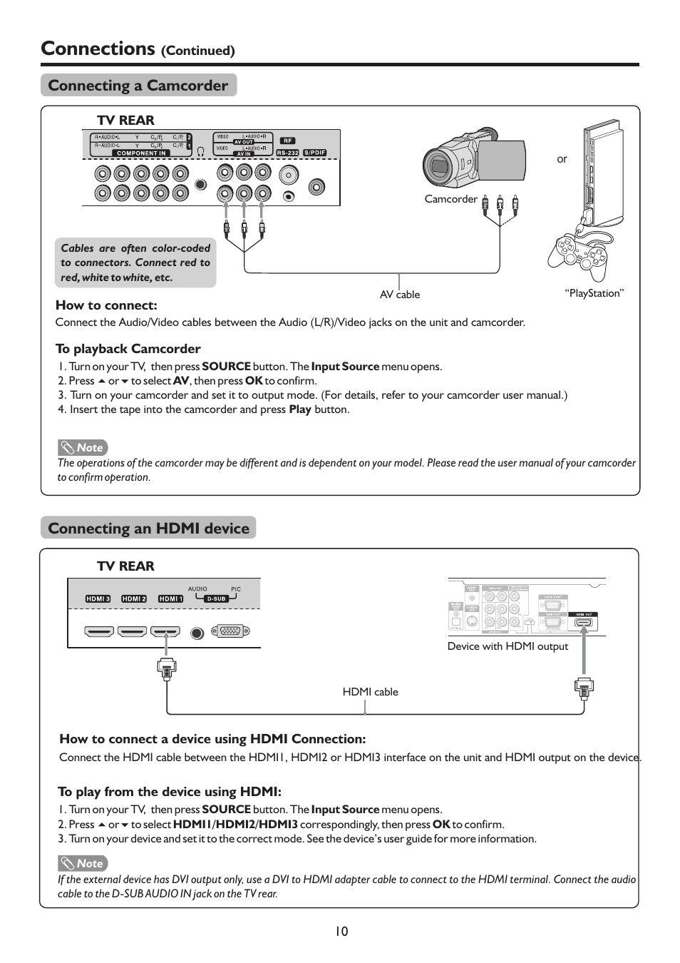 页 13, Connections, Connecting a camcorder | Connecting an hdmi device | Palsonic 127CM WIDE SCREEN PDP TV/MONITOR PDP5055HD User Manual | Page 13 / 37