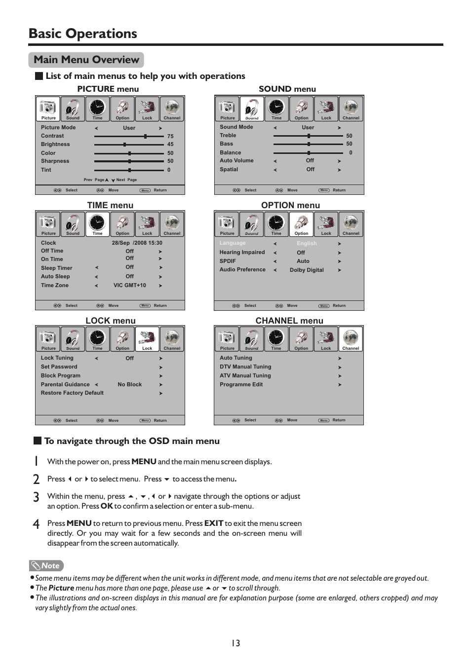 页 16, Basic operations, Main menu overview | List of main menus to help you with operations, Picture menu sound menu time menu, Option menu lock menu channel menu | Palsonic 127CM WIDE SCREEN PDP TV/MONITOR PDP5055HD User Manual | Page 16 / 37