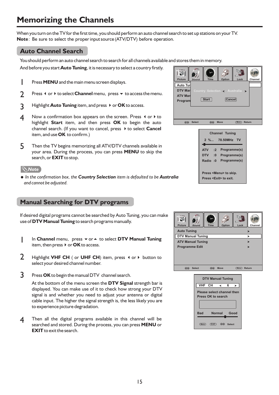 页 18, Auto channel search, Manual searching for dtv programs | Palsonic 127CM WIDE SCREEN PDP TV/MONITOR PDP5055HD User Manual | Page 18 / 37