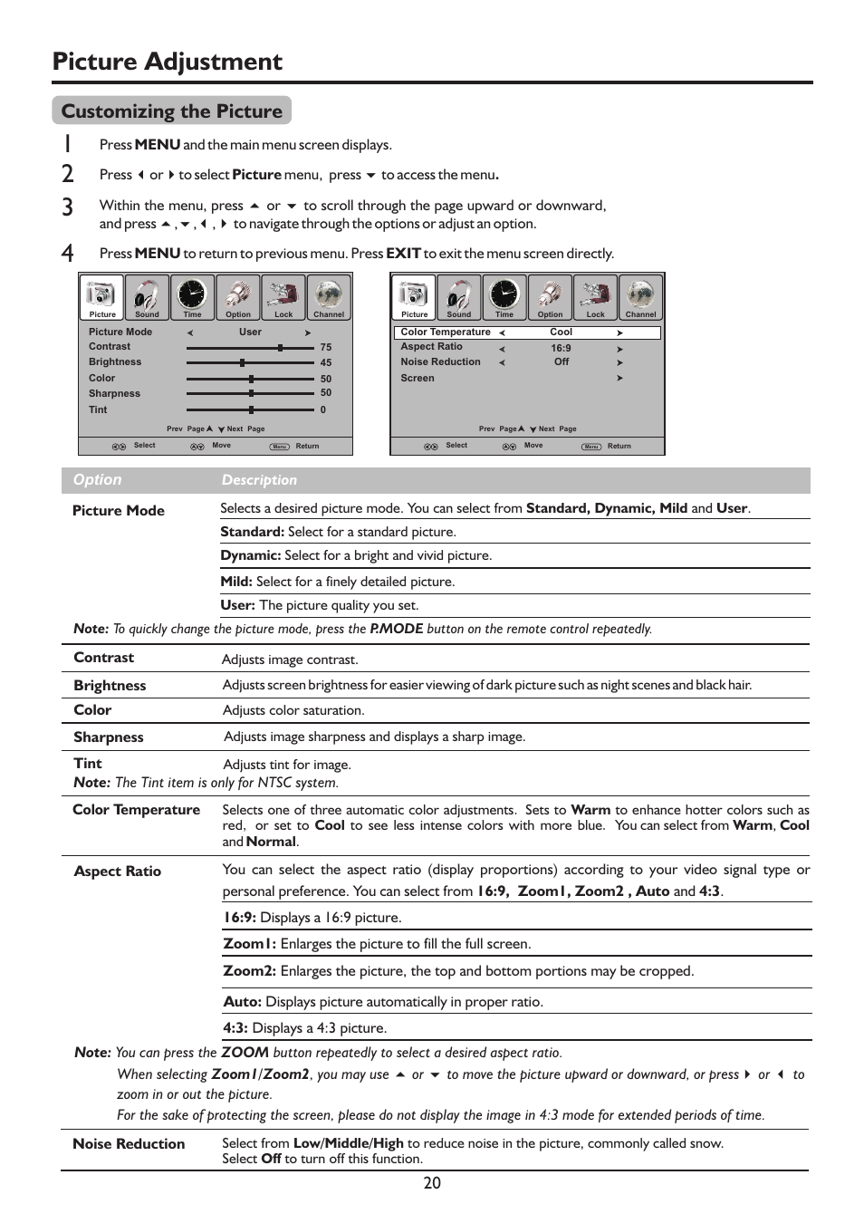 页 23, Picture adjustment, Customizing the picture | Palsonic 127CM WIDE SCREEN PDP TV/MONITOR PDP5055HD User Manual | Page 23 / 37